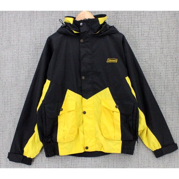 Coleman Jacket Mens Large L Black/Yellow Rain Hooded Outdoor Camping Polyester - Picture 1 of 9